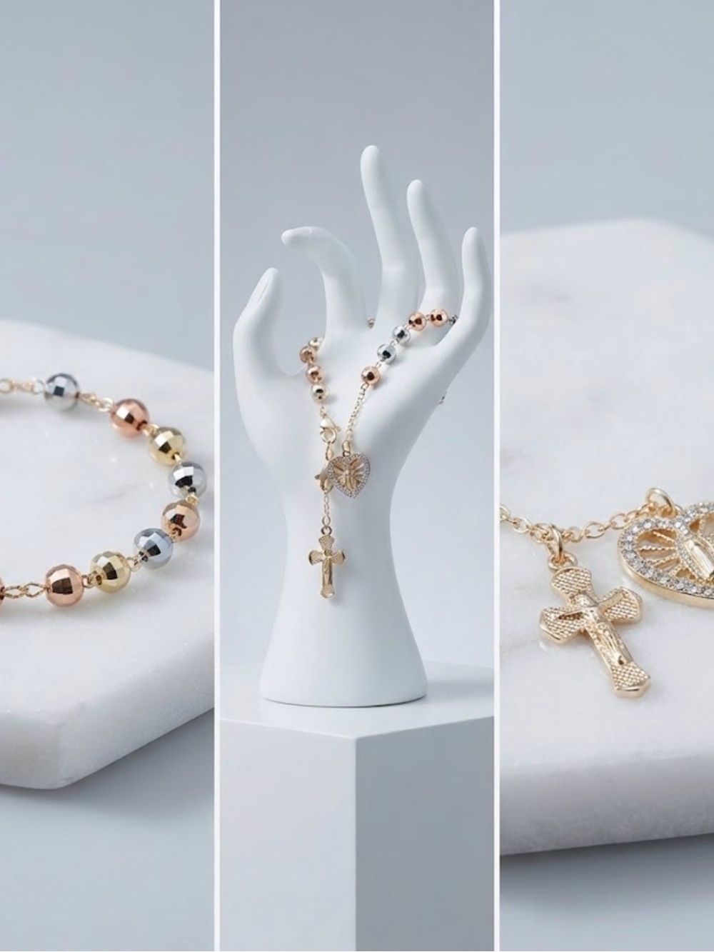 Tri-Tone Cross and Heart Bracelet - Gold, Rose Gold & Silver